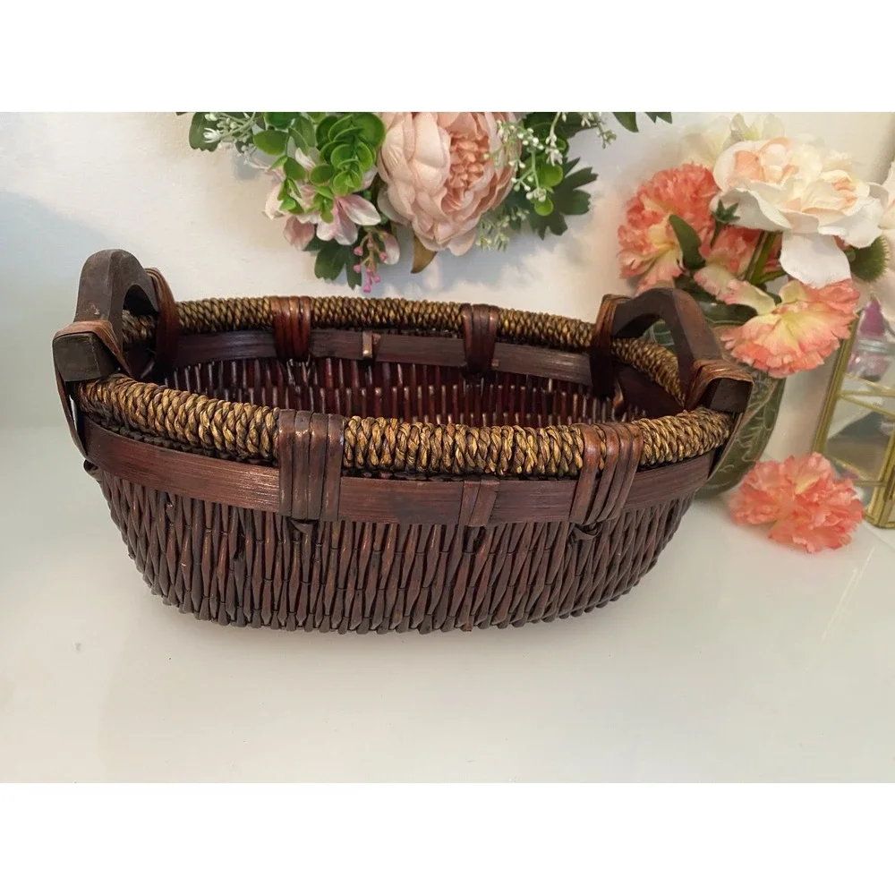 Vintage Chinese Woven Willow Basket With Wood Handles 12